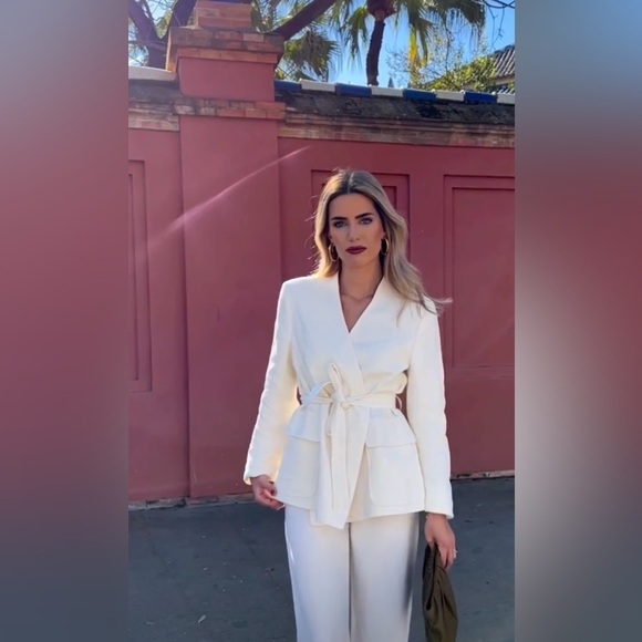 Zara Women Bloggers Fav Oyster White Linen Blend Belted Business Blazer Size M - Picture 5 of 17